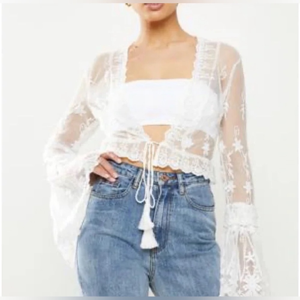 Misguided Lace Frill Top with Tassel Tie